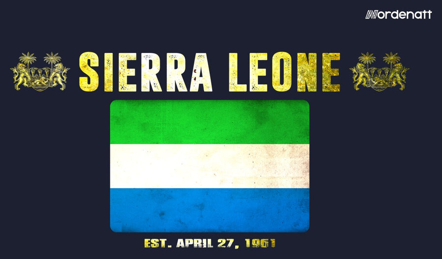 Sierra Leone design preview: flag, date and emblem inspiration printed on dark t-shirts (Nordenatt)