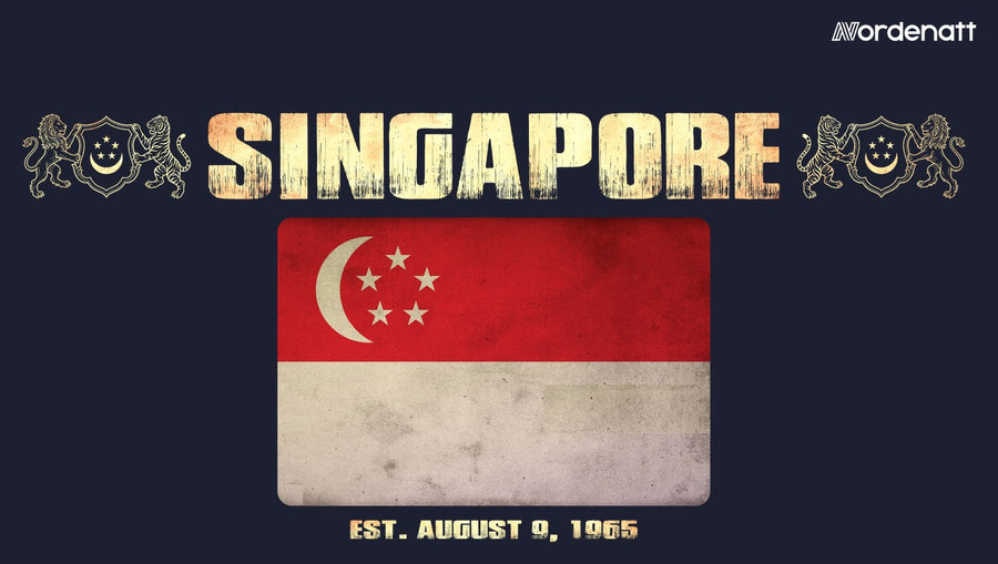Singapore design preview: flag, date and emblem inspiration printed on dark t-shirts (Nordenatt)