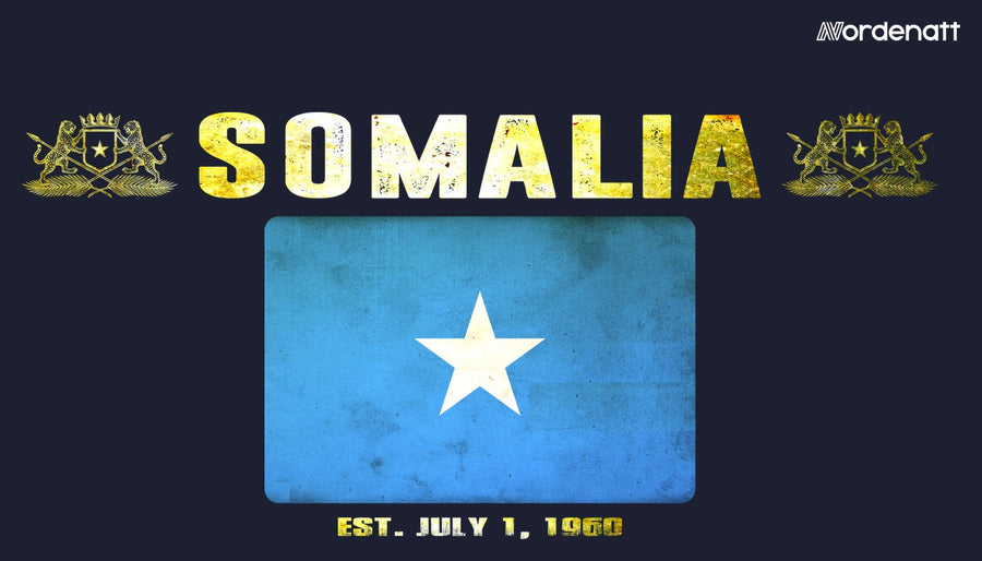 Somalia design preview: flag, date and emblem inspiration printed on dark t-shirts (Nordenatt)
