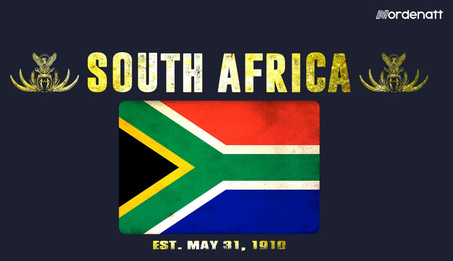 South Africa design preview: flag, date and emblem inspiration printed on dark t-shirts (Nordenatt)