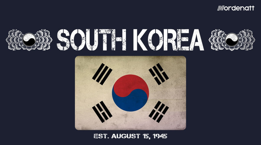 South Korea design preview: flag, date and emblem inspiration printed on dark t-shirts (Nordenatt)