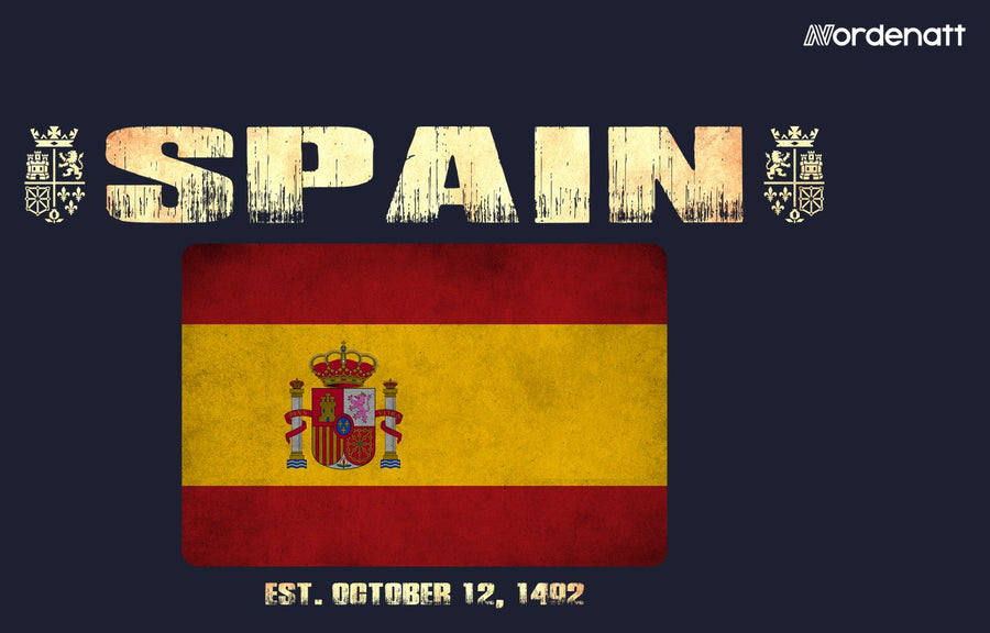 Spain design preview: flag, date and emblem inspiration printed on dark t-shirts (Nordenatt)