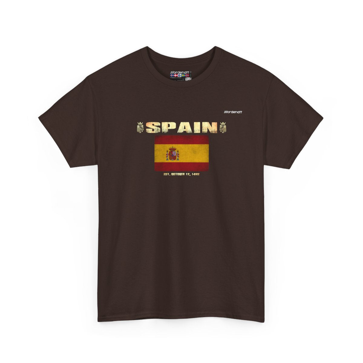 Spain flag t-shirt in Dark Chocolate — premium cotton, Nordenatt