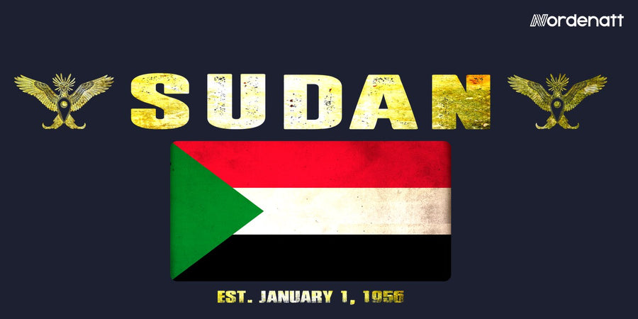 Sudan design preview: flag, date and emblem inspiration printed on dark t-shirts (Nordenatt)