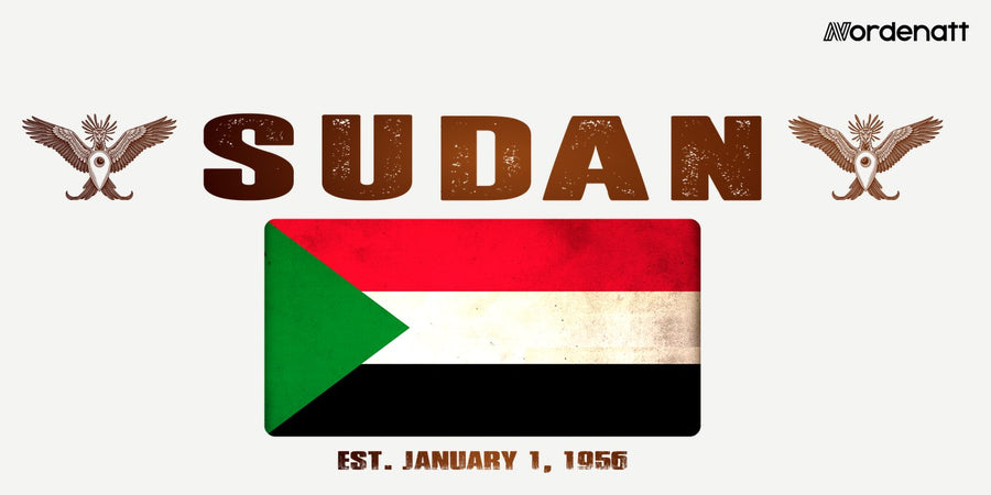 Sudan design preview: flag, date and emblem inspiration printed on light t-shirts (Nordenatt)