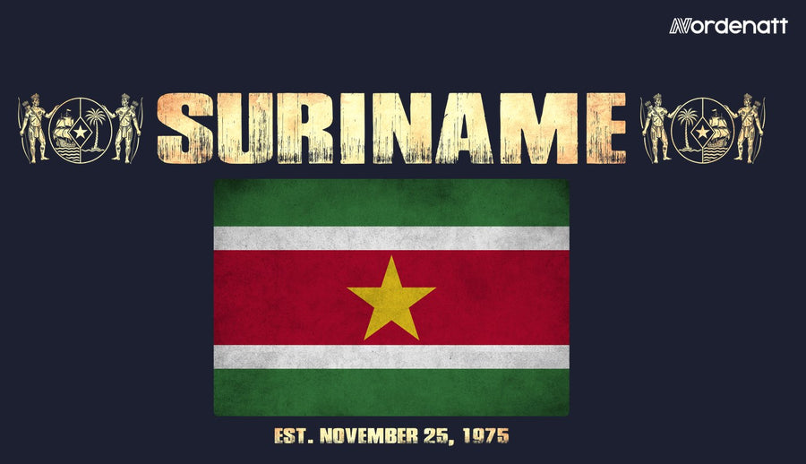 Suriname design preview: flag, date and emblem inspiration printed on dark t-shirts (Nordenatt)