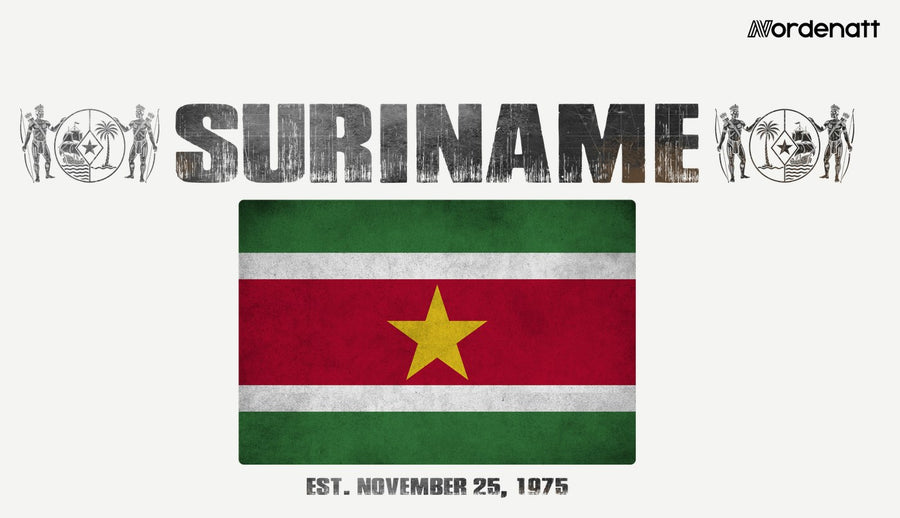 Suriname design preview: flag, date and emblem inspiration printed on light t-shirts (Nordenatt)