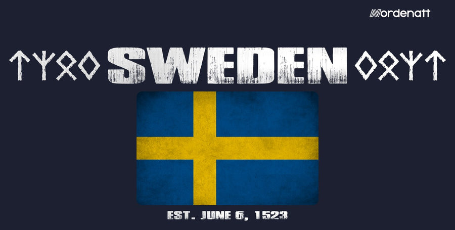 Sweden design preview: flag, date and emblem inspiration printed on dark t-shirts (Nordenatt)