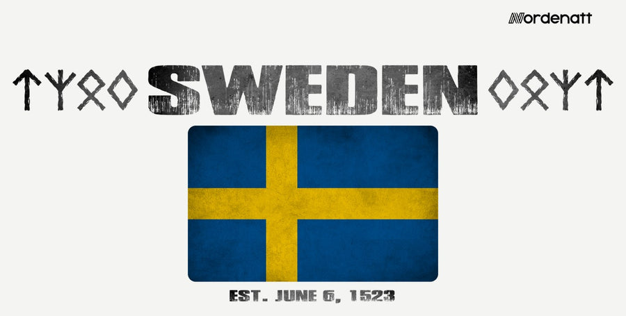 Sweden design preview: flag, date and emblem inspiration printed on light t-shirts (Nordenatt)