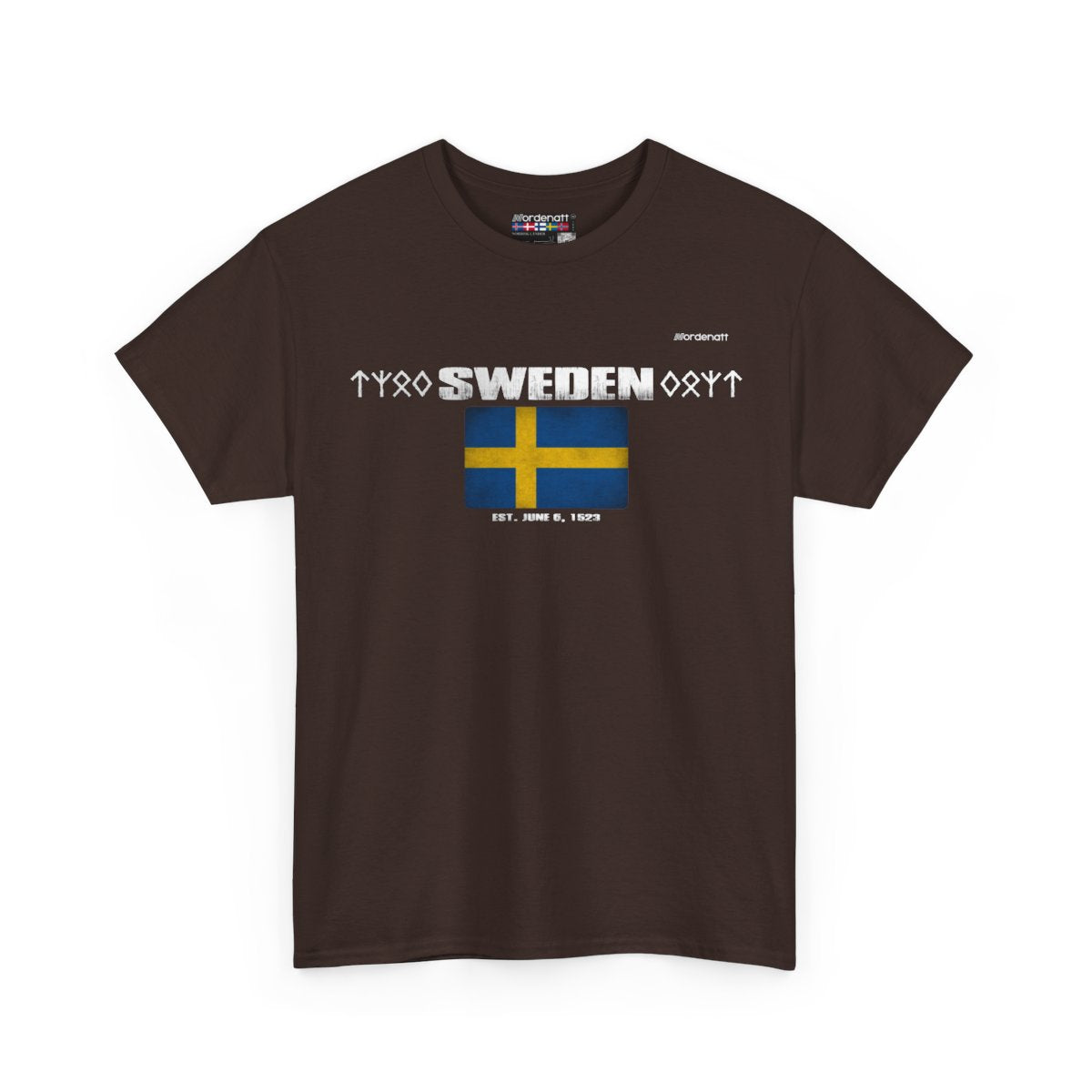 Sweden flag t-shirt in Dark Chocolate — premium cotton, Nordenatt