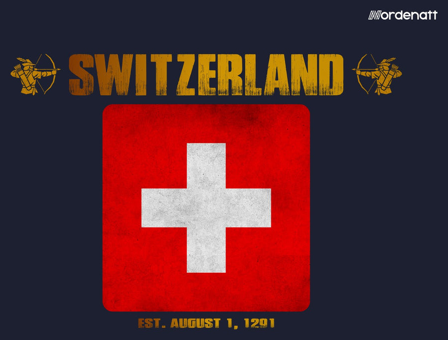 Switzerland design preview: flag, date and emblem inspiration printed on dark t-shirts (Nordenatt)