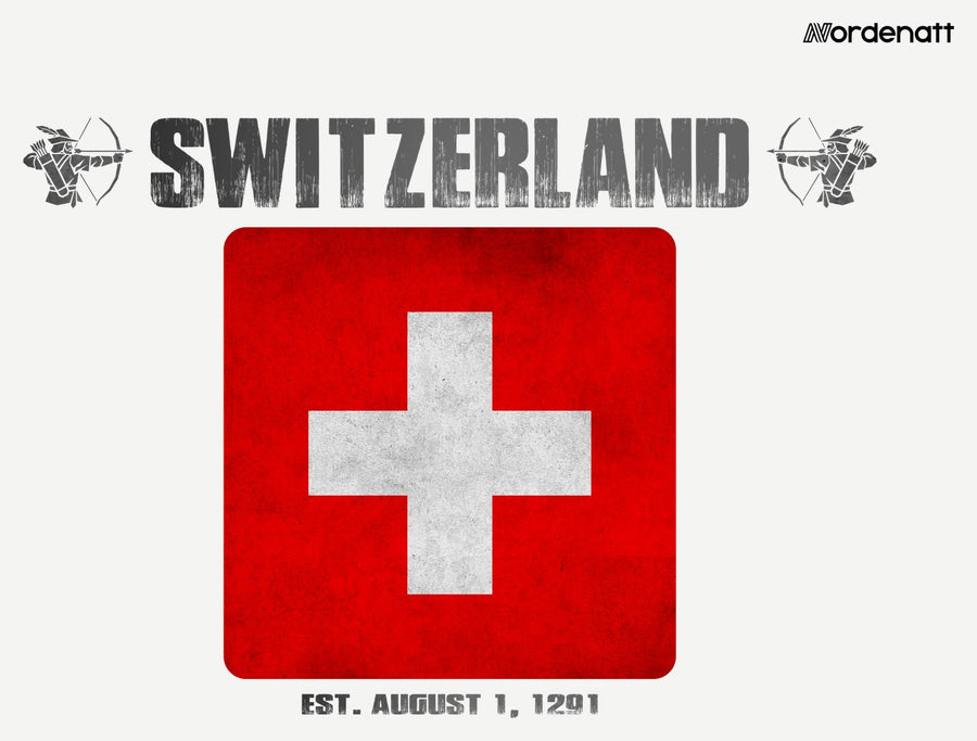 Switzerland design preview: flag, date and emblem inspiration printed on light t-shirts (Nordenatt)