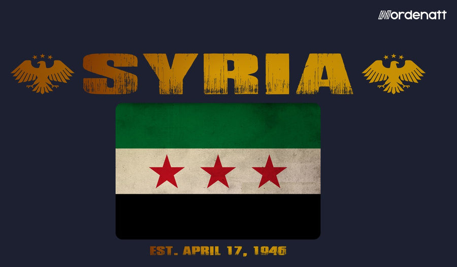 Syria design preview: flag, date and emblem inspiration printed on dark t-shirts (Nordenatt)