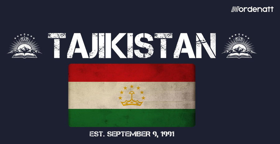 Tajikistan design preview: flag, date and emblem inspiration printed on dark t-shirts (Nordenatt)