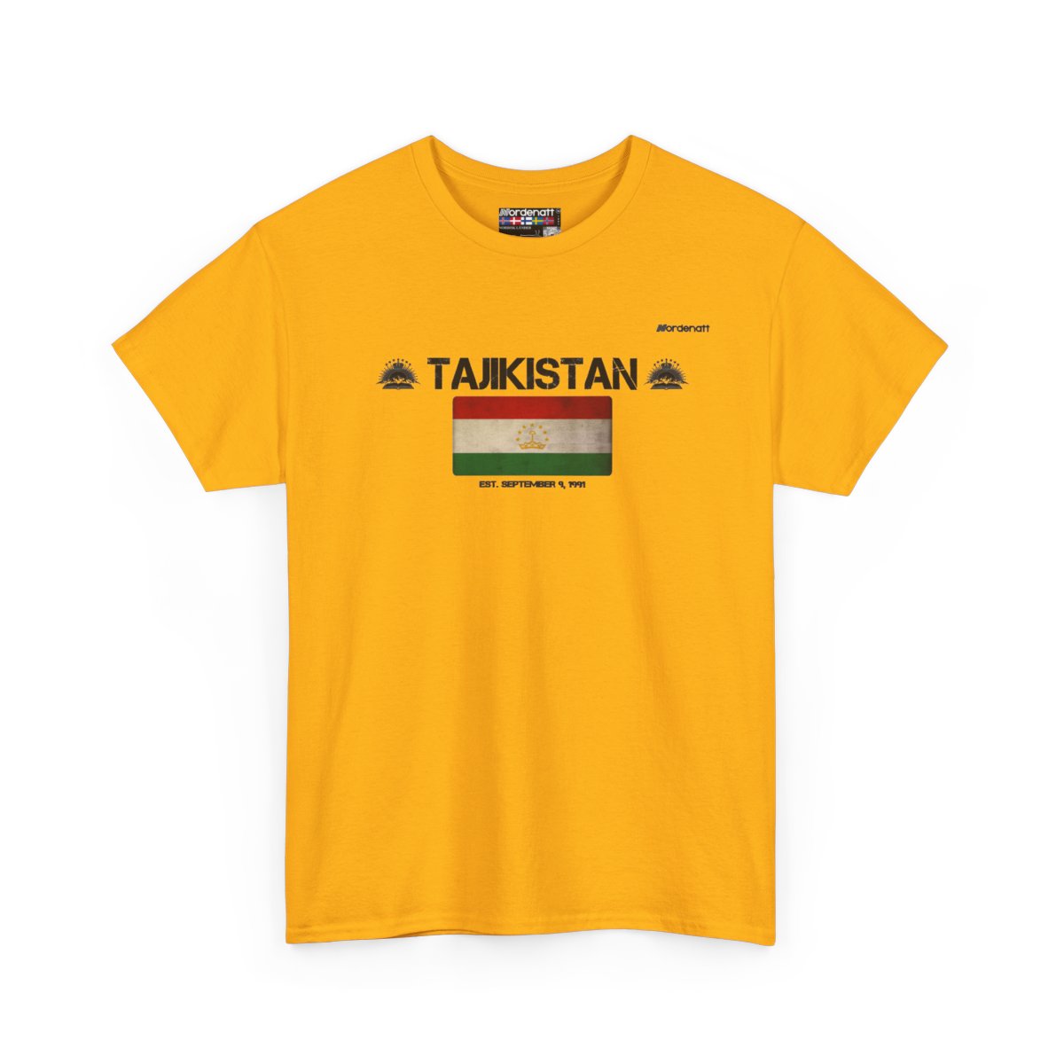 Tajikistan flag t-shirt in Gold — premium cotton, Nordenatt
