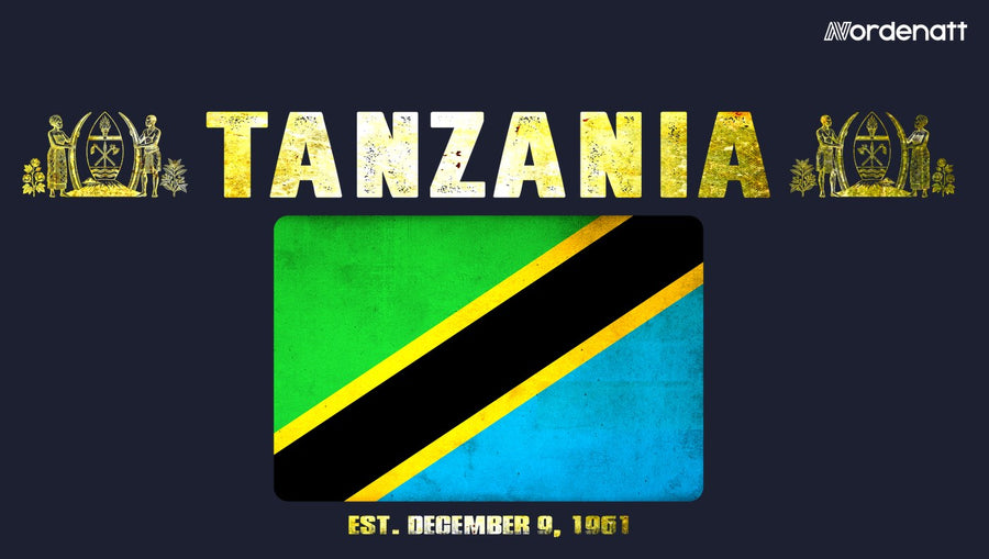 Tanzania design preview: flag, date and emblem inspiration printed on dark t-shirts (Nordenatt)