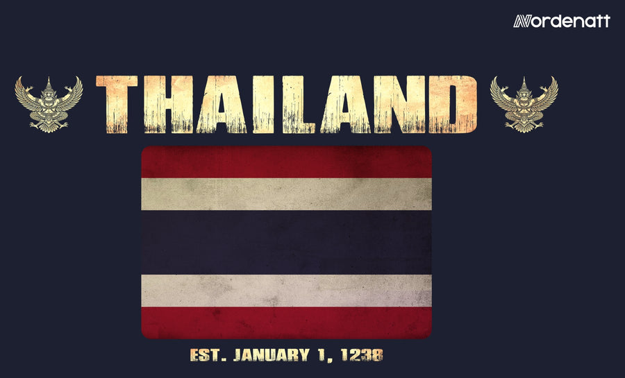 Thailand design preview: flag, date and emblem inspiration printed on dark t-shirts (Nordenatt)