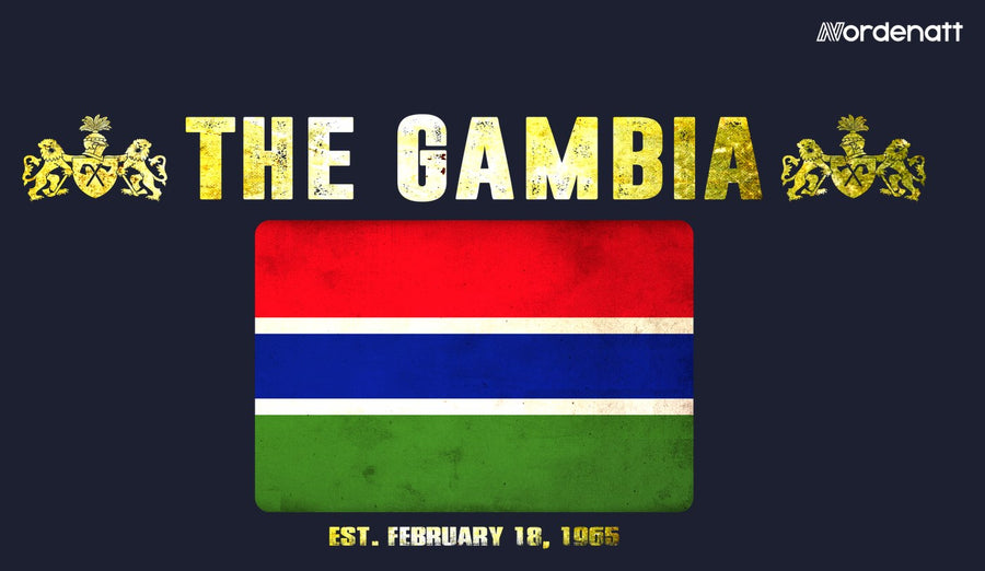 The Gambia design preview: flag, date and emblem inspiration printed on dark t-shirts (Nordenatt)