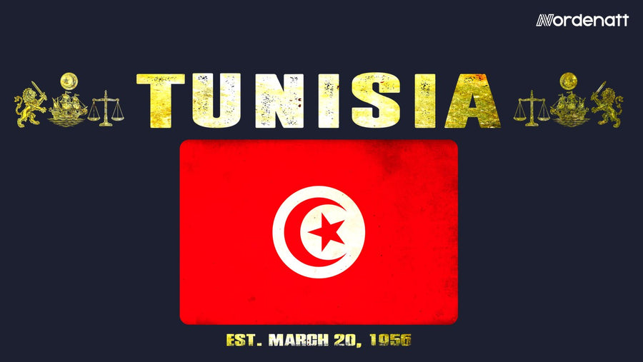 Tunisia design preview: flag, date and emblem inspiration printed on dark t-shirts (Nordenatt)
