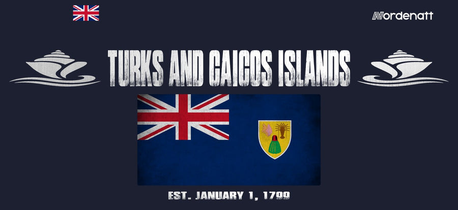 Turks and Caicos Islands design preview: flag, date and emblem inspiration printed on dark t-shirts (Nordenatt)