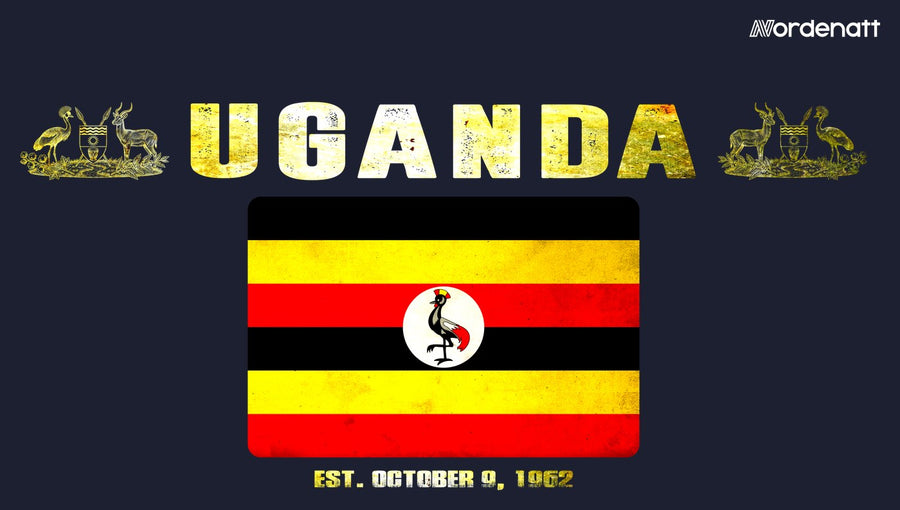 Uganda design preview: flag, date and emblem inspiration printed on dark t-shirts (Nordenatt)