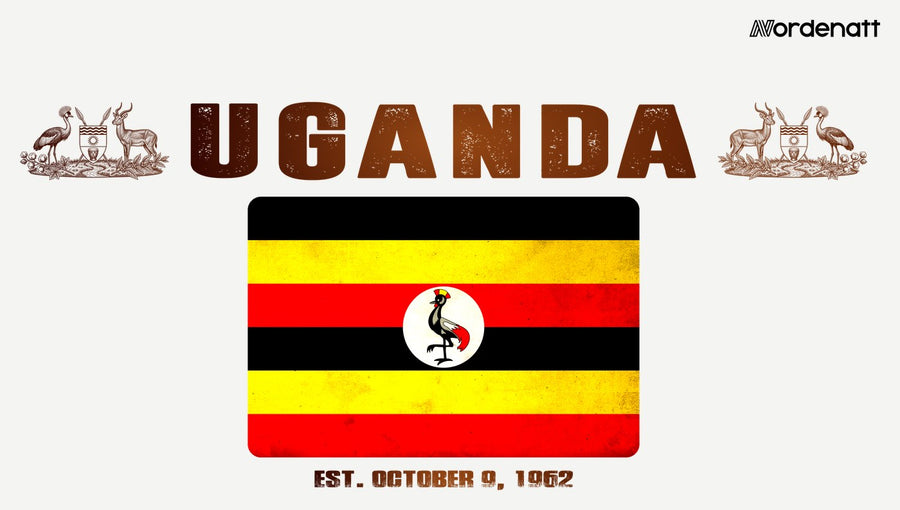 Uganda design preview: flag, date and emblem inspiration printed on light t-shirts (Nordenatt)