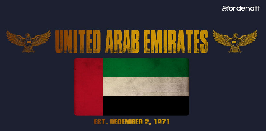 United Arab Emirates design preview: flag, date and emblem inspiration printed on dark t-shirts (Nordenatt)