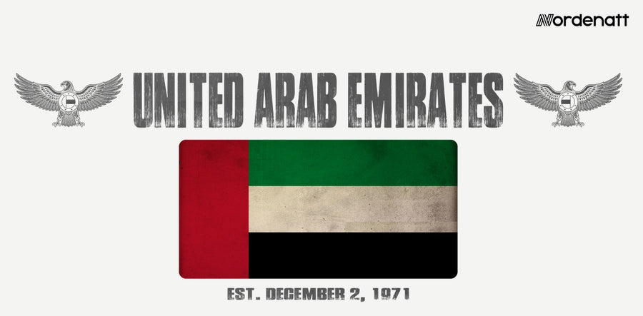 United Arab Emirates design preview: flag, date and emblem inspiration printed on light t-shirts (Nordenatt)