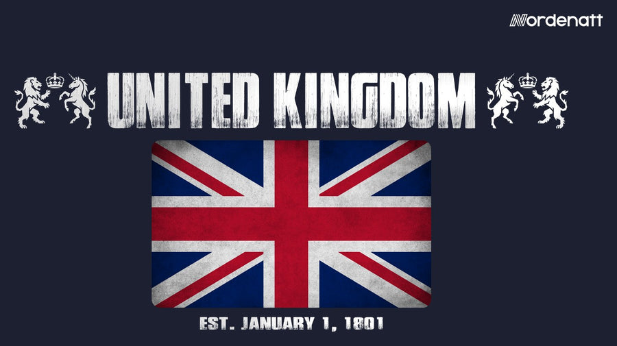 United Kingdom design preview: flag, date and emblem inspiration printed on dark t-shirts (Nordenatt)