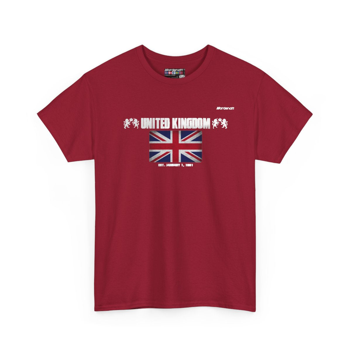 United Kingdom flag t-shirt in Cardinal Red — premium cotton, Nordenatt