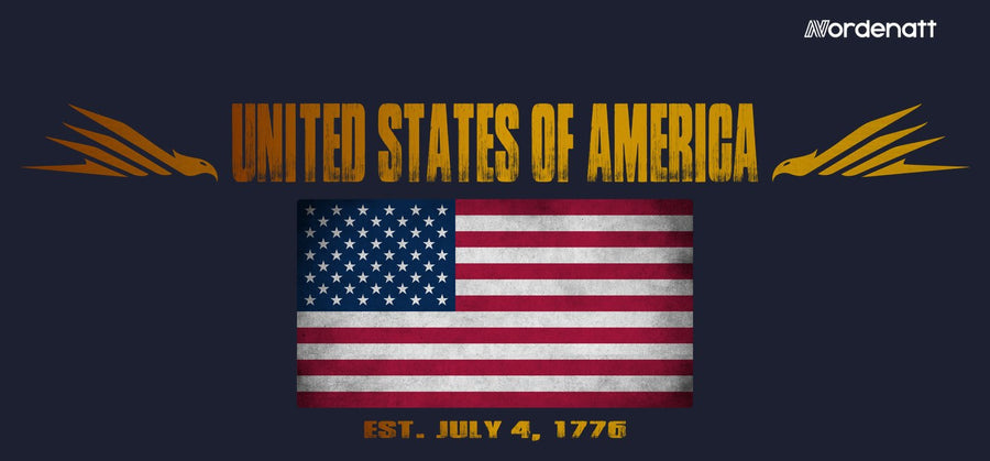 United States of America design preview: flag, date and emblem inspiration printed on dark t-shirts (Nordenatt)