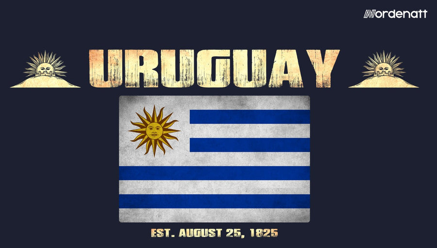 Uruguay design preview: flag, date and emblem inspiration printed on dark t-shirts (Nordenatt)