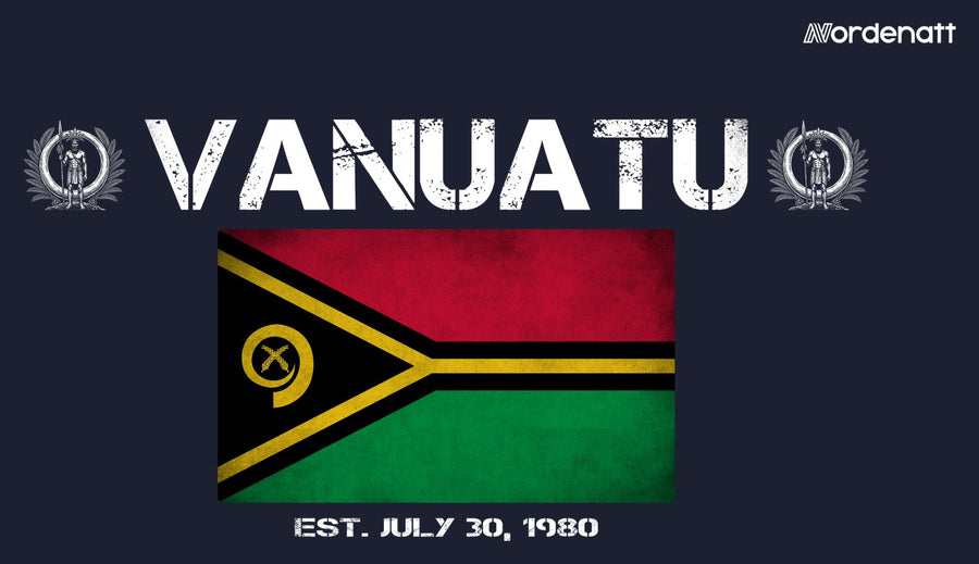 Vanuatu design preview: flag, date and emblem inspiration printed on dark t-shirts (Nordenatt)