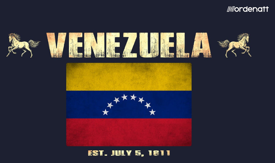 Venezuela design preview: flag, date and emblem inspiration printed on dark t-shirts (Nordenatt)