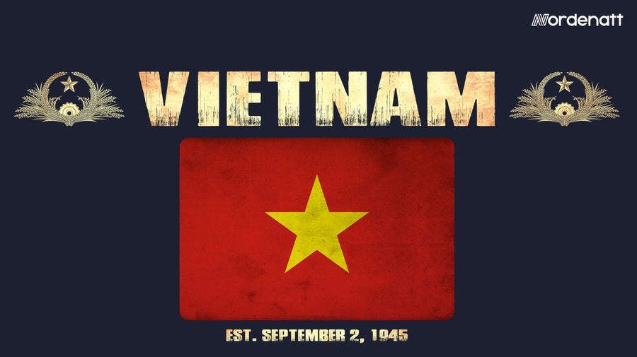 Vietnam design preview: flag, date and emblem inspiration printed on dark t-shirts (Nordenatt)