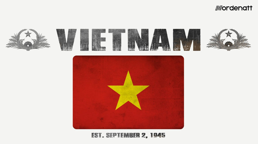 Vietnam design preview: flag, date and emblem inspiration printed on light t-shirts (Nordenatt)