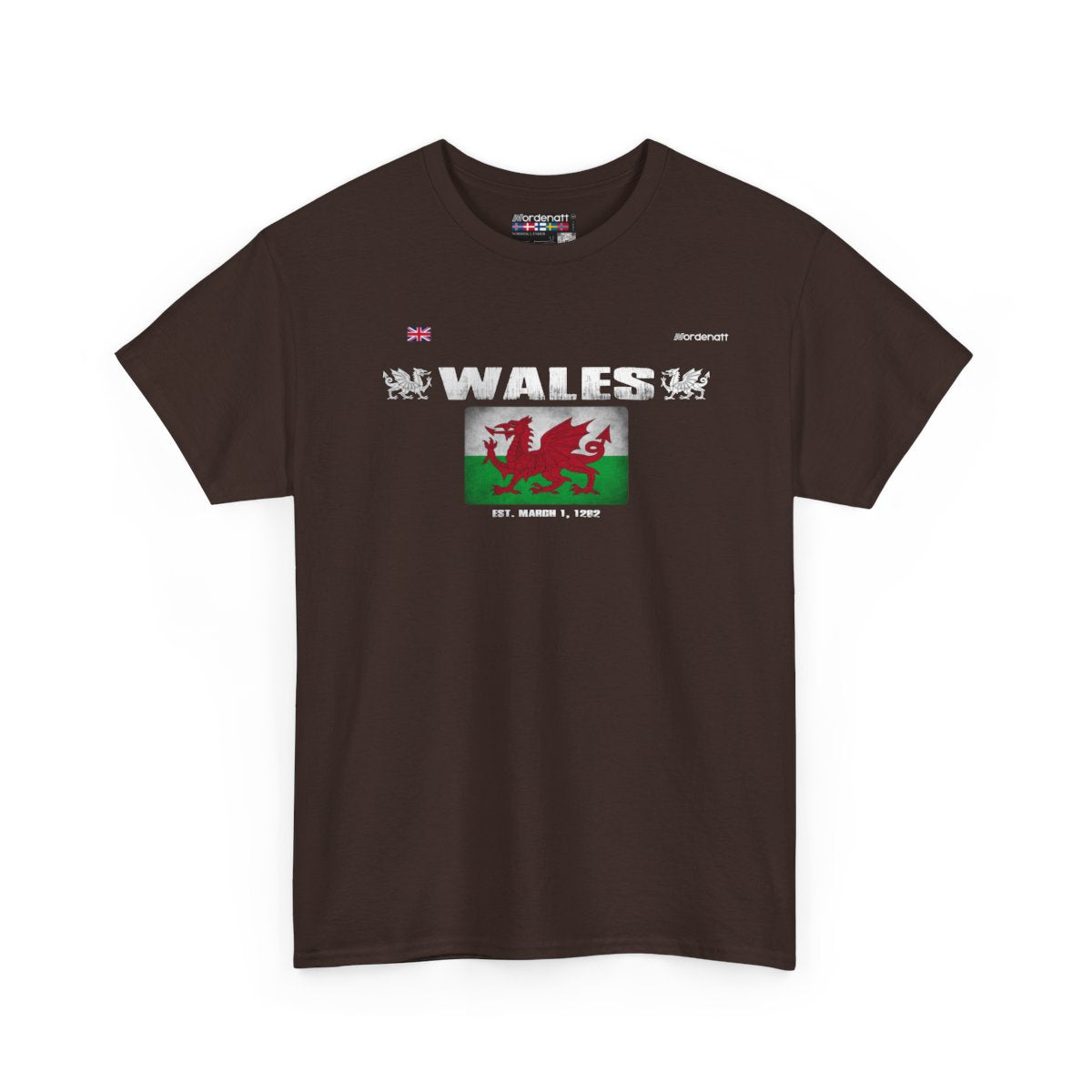 Wales flag t-shirt in Dark Chocolate — premium cotton, Nordenatt