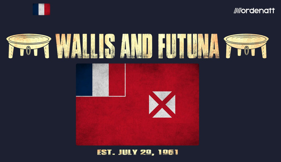 Wallis and Futuna Volcanic Lagoon design preview: flag, date and emblem inspiration printed on dark t-shirts (Nordenatt)