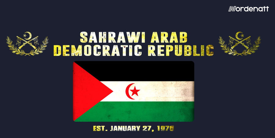 Western Sahara design preview: flag, date and emblem inspiration printed on dark t-shirts (Nordenatt)