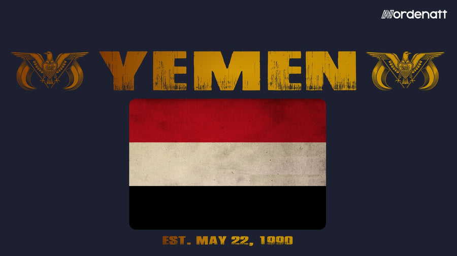 Yemen design preview: flag, date and emblem inspiration printed on dark t-shirts (Nordenatt)