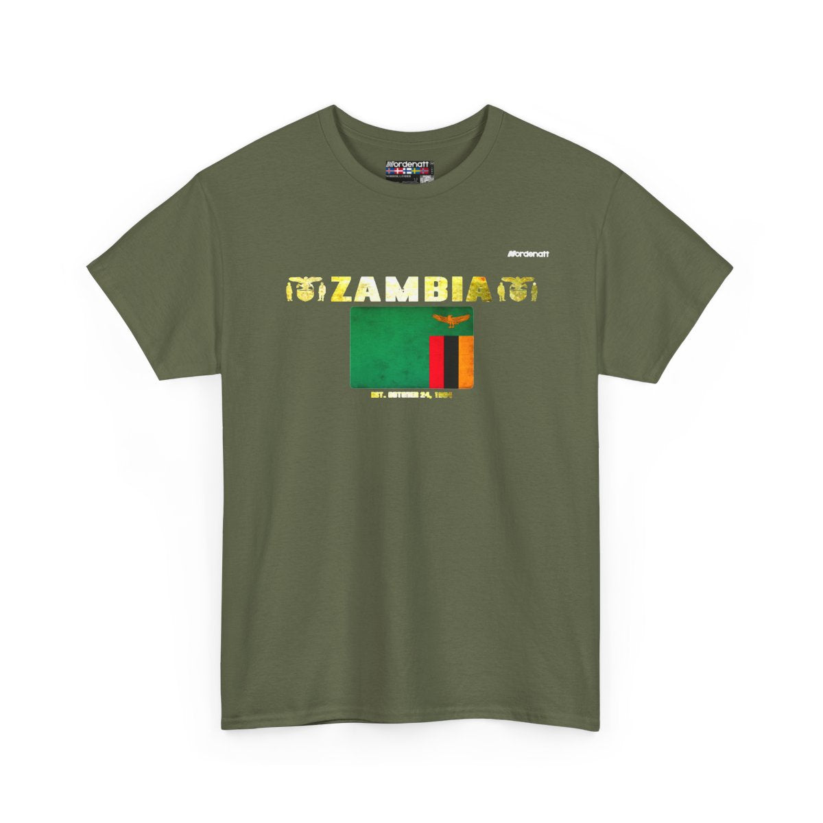 Zambia flag t-shirt in Military Green — premium cotton, Nordenatt
